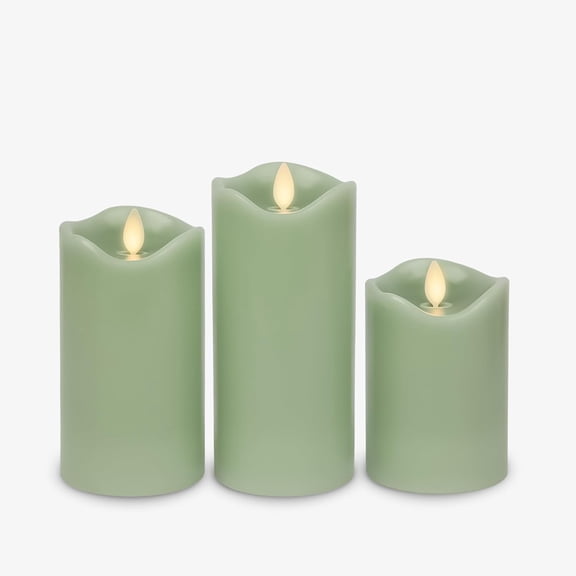 by Luminara Set of 3 (3" x 4.5",5.5",6.5") Flameless LED Flickering Battery Candle Moving Flame Pillar, Melted Edge, Real Wax Smooth Finish (Pastel Green)