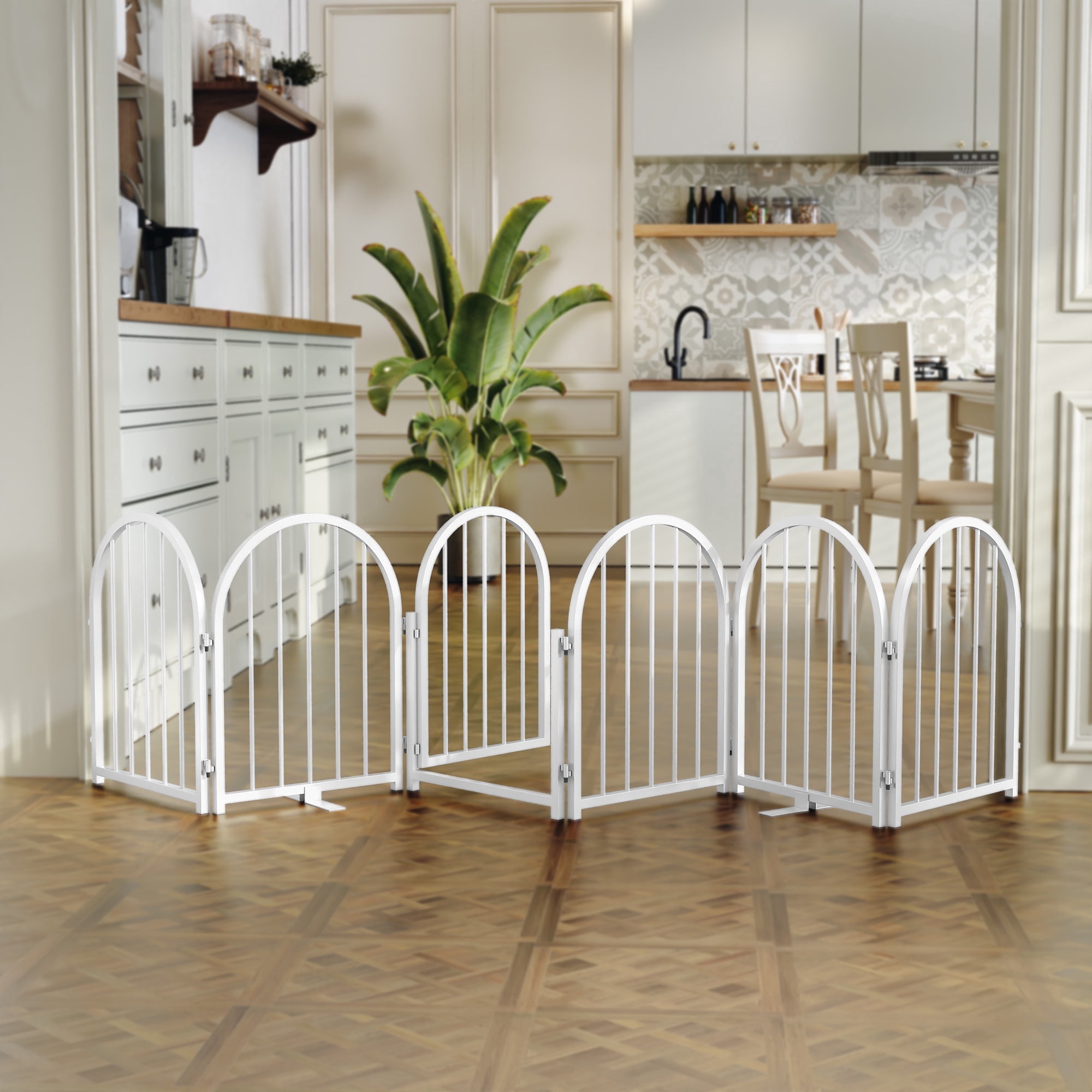 CBJCBJ Indoor Pet Gate, 6 Panel Folding Dog Gate , 24"H Freestanding Metal Pet Fence for Cats and Dogs ,White