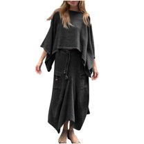 qolati Womens 2 Piece Fall Outfits Lounge Sets Oversized Batwings Long Sleeve Pullover Tops Casual Irregular Maxi Skirt Sets with Pockets