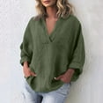 thumbnail image 4 of Womens 100% Cotton Linen Tunic Long Sleeve V Neck Gauze Shirt Casual Work Lounge Blouse Tops Army Green L, 4 of 6