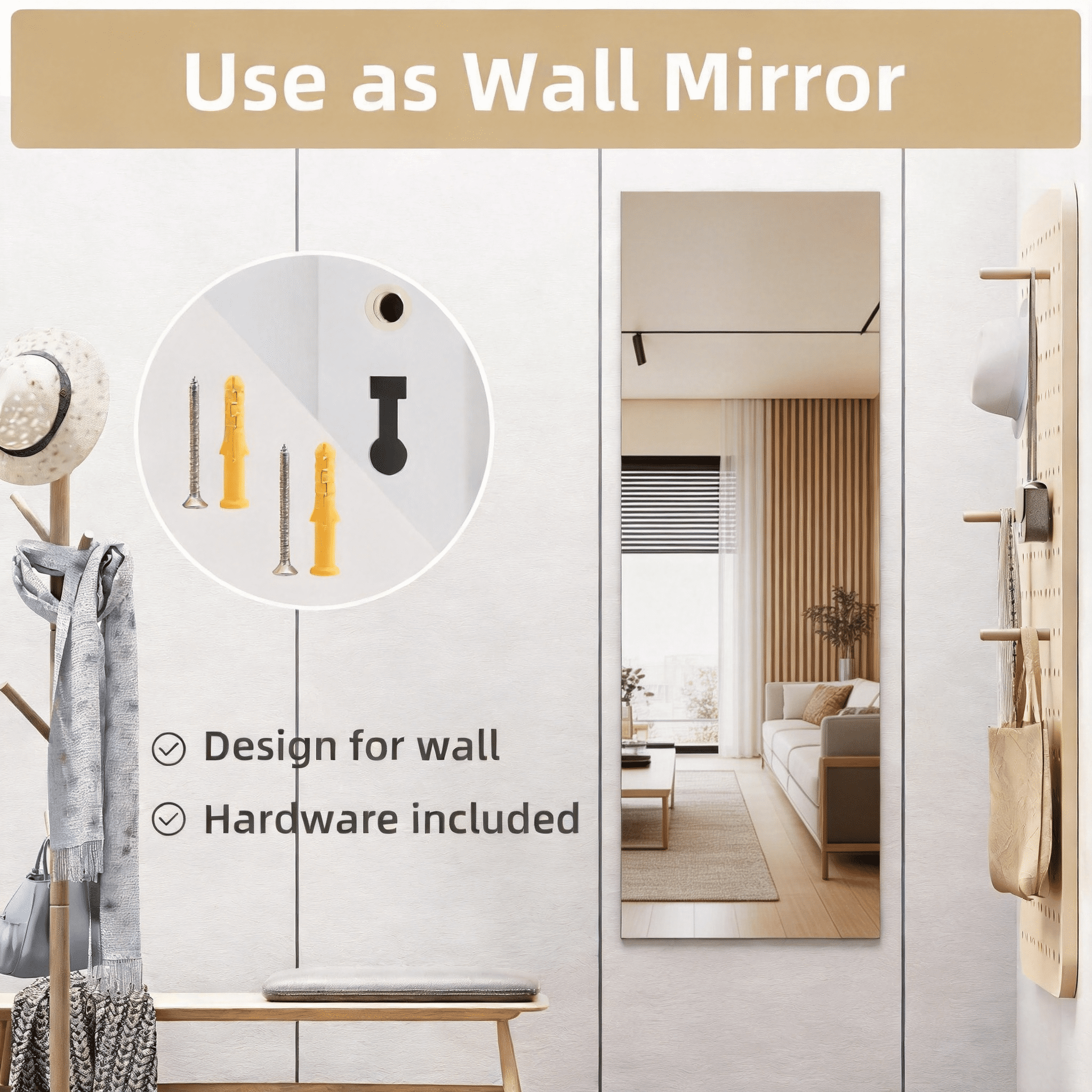 Door Mirror Full Length, 47"x 16" Full Body Over The Door Hanging Wall Mounted Mirror for Bedroom, Living Room, Cloakroom, Square White