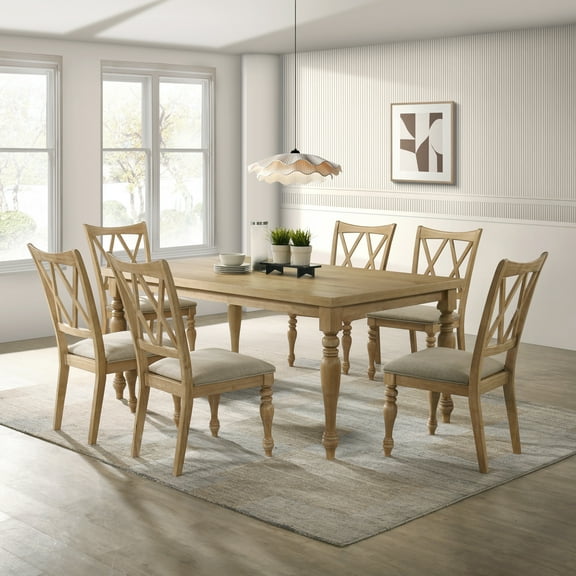 Roundhill Furniture Verta 7-Piece Dining Table with 6 Cross Back Dining Chairs, Light Oak Finish
