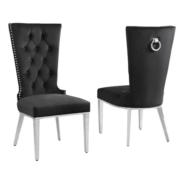 Chaises Latérales Rembourrées en Velours Noir avec Acier Inoxydable, Ensemble de 2