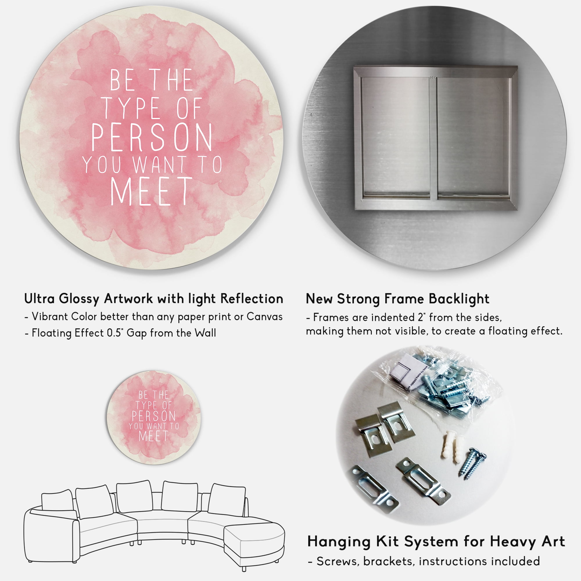 Designart 'Be The Person You Want To Meet on Pink' Traditional Circle Metal Wall Art 11x11 - Disc of 11