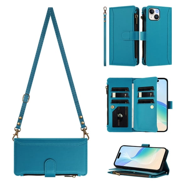 Fit for iPhone 13(6.1)/14(6.1) PU Leather Magnetic Snap Flip Zipper Strap Wallet Phone Case