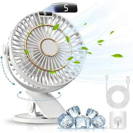 

5 Speeds Clip on Fan Rechargeable - Mini USB Portable Desk Fan with Clip LED Display Powerful Silent Table Fan 720°Flexible Rotation for Bed Home Stroller Sport Camping(White)