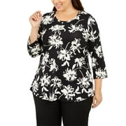 JM Collection Women's Plus Scoop Neck Printed Top Black Size 2X