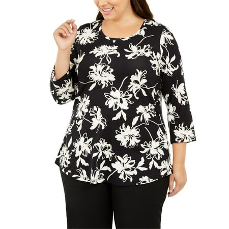 JM Collection Women's Plus Scoop Neck Printed Top Black Size 2X