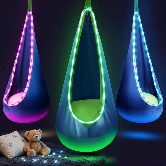 YUBIKWETE Light Up Kids Pod Swing Seat With LED Lights Blue Nylon Hanging Hammock Chair Indoor Outdoor