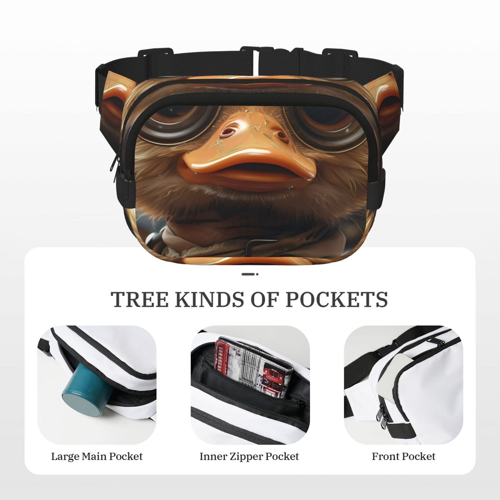 Picia Vintage Gentleman Duck Print Square Double-Layer Waist Bag Mini Adjustable Waist Belt Bag Exercise Running Travel Hiking