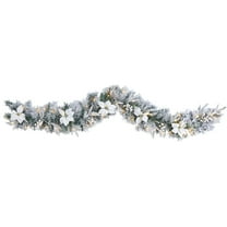 Nearly Natural Christmas Poinsettia Berry Flocked White Prelit Battery Operated Garland, 72" (White)