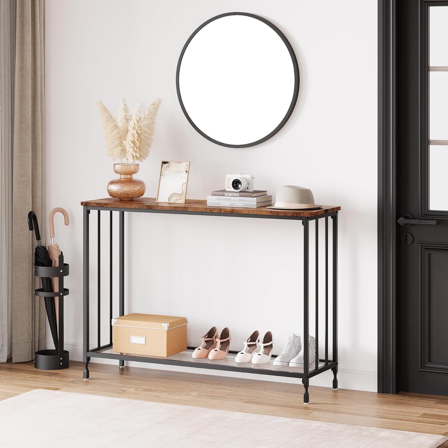 Console Table Small Entryway Table Narrow Sofa Table with Glass Storage Shelves, 2 Tier Accent Couch Table Hallway Side Table for Entry Way Living Bedroom Home Office Small Space, Brown