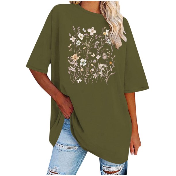 Camisetas de Manga Corta para las Mujeres Impreso Cuello Redondo Suelto Camiseta, Casual Cuatro Estaciones Blusa para el Hogar
