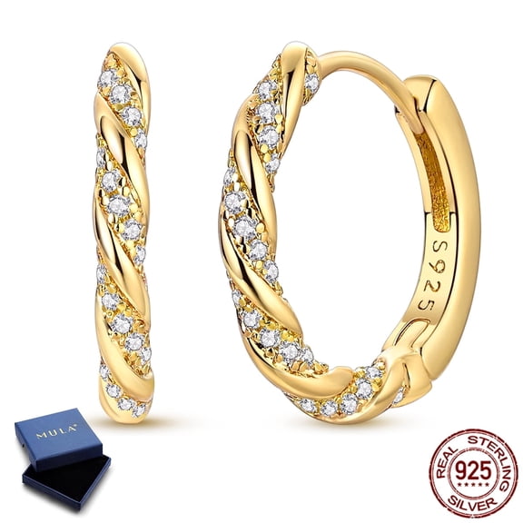 MULA 925 Sterling Silver Gold Plated Small Rope Hoop Earrings, Sparkling AAA CZ Circle Earrings, Jewelry Gifts for Her