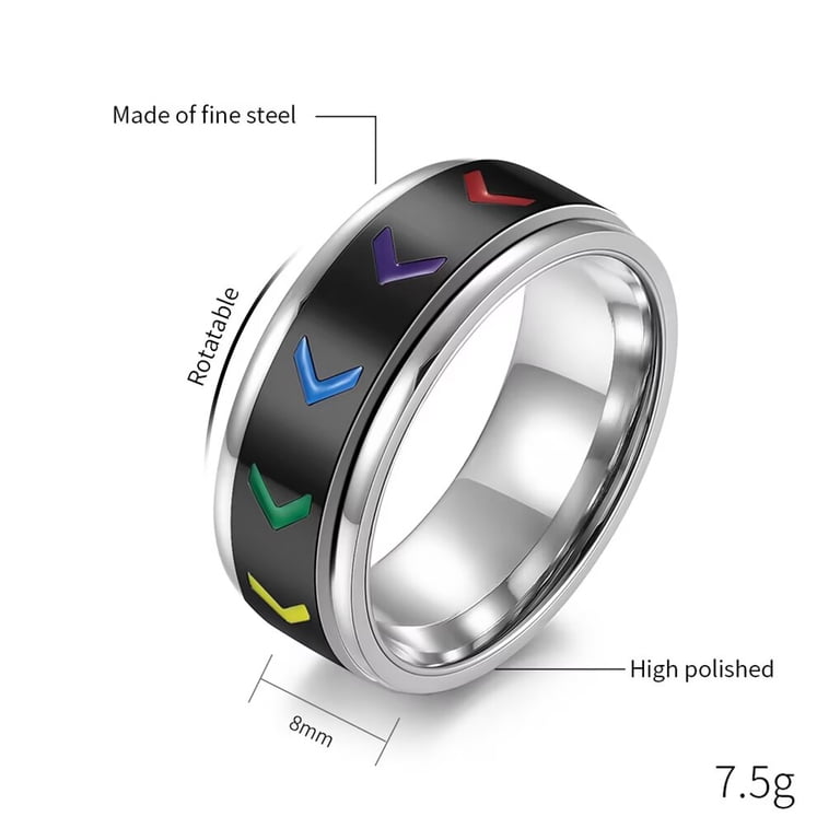 PAURO Men Stainless Steel Pride Ring 8mm LGBT Gay Lesbian Rainbow