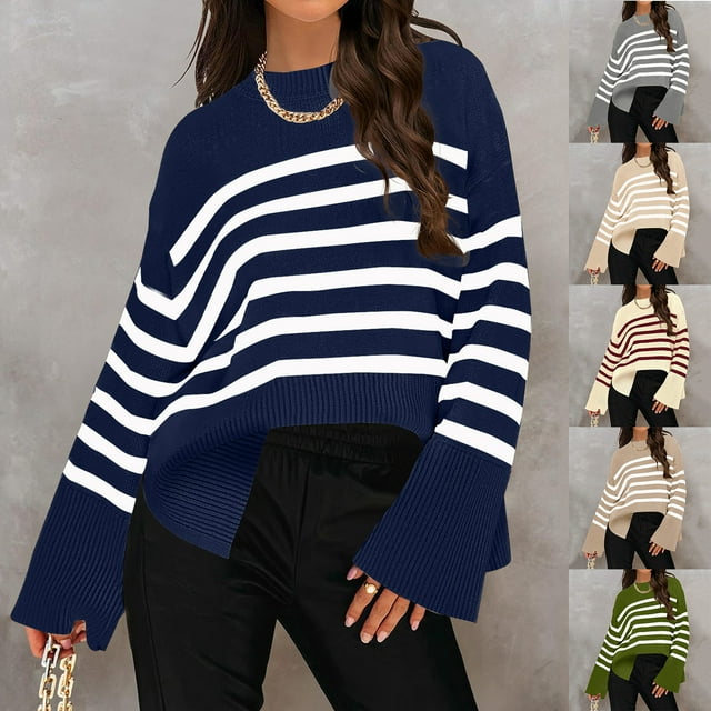 LOVZFMLL Chandails pour Femmes, Chandail à Col Rond Côtelé à Rayures Mode Décontracté Quotidien Doux Ample Manches Longues Hauts Chauds Automne Hiver Vêtements