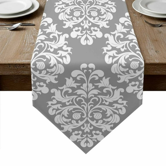 Baroque Grey Table Runner Linen Burlap Table Runner 36 Inches Small Vintage Damask Classic Floral Dresser Scarves for Kitchen Island Coffee Dining Room Party Wedding Holiday Decoration 13"x36"