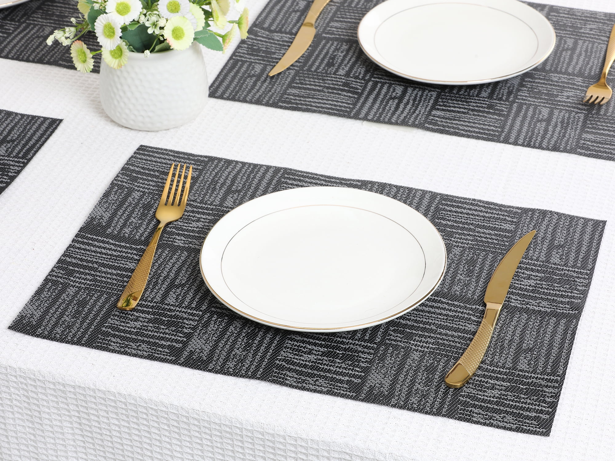 Unique Bargains Vinyl Placemats for Kitchen Dining Table Wipeable Mat Black 18x12in