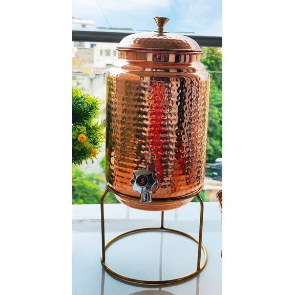 Indian Art Villa Copper Water Dispenser with Brass Stand and Tap, 372 OZ Capacity