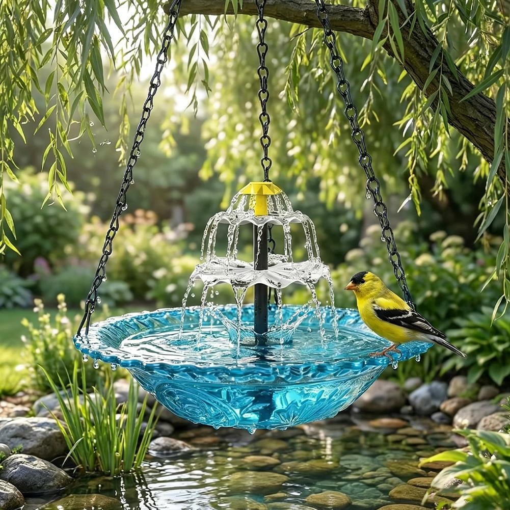 Solar Powered Hanging Bird Bath Fountain, Cascading Multi-Tier Outdoor Water Feature for Garden, Patio, and Lawn Decor, Blue