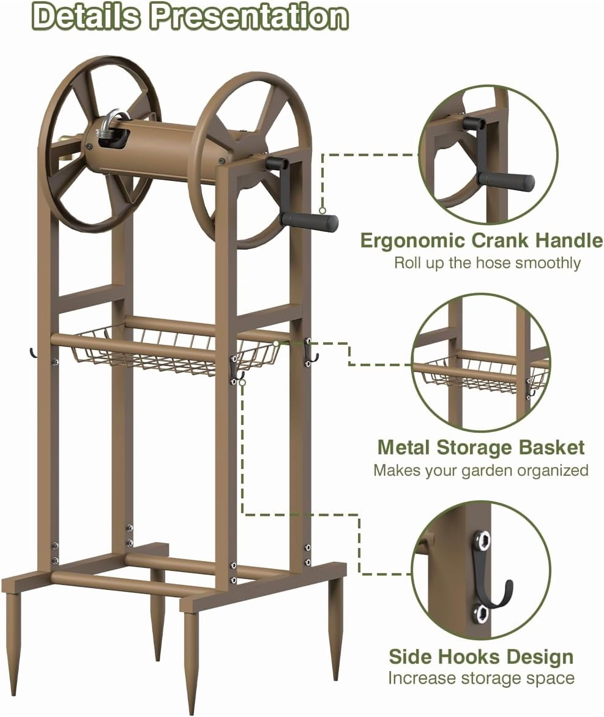 Freestanding Garden Hose Reel holds 125ft Hose of 5/8" with 4 Hooks, 4-Spike Outdoor Hose Holder with 3.9ft Leader Hose & Brass Fitting, Detachable Metal Hose Stand with Storage Rack, Brown