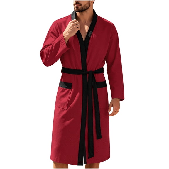 SHTXOZHI Adjustable Tie Belt Bathrobe for Men Color Blocked Robe Long Sleeve V-Neck Sleepwear Loose Long Pajama