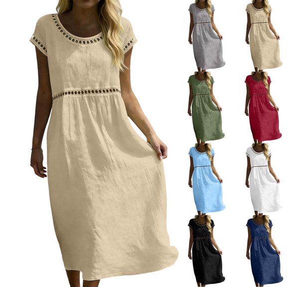 Xaqiouau Solid Womens Short Sleeve Midi Dress Casual Summer Round Neck Loose Fit A Line Dress Hollow Out Detail Flowy Everyday Dress