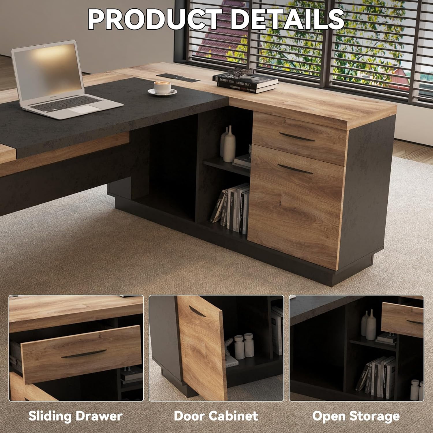 78inch L-Shaped Executive Desk with Right  Return Cabinet Built-In Outlet