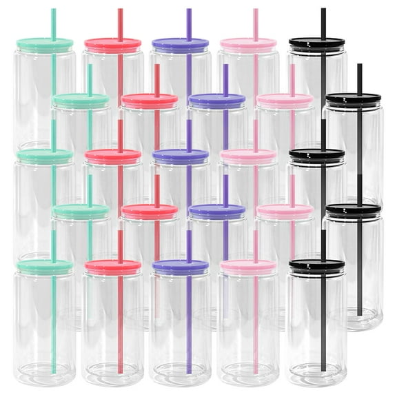 AGH 25 Pack Plastic Snow Globe Tumbler, 16 Oz Double Wall Plastic Can with Lid and Straw, Plastic Mason Jar Mug for Snow Globe Glitter DIY Gifts, Assorted Colors
