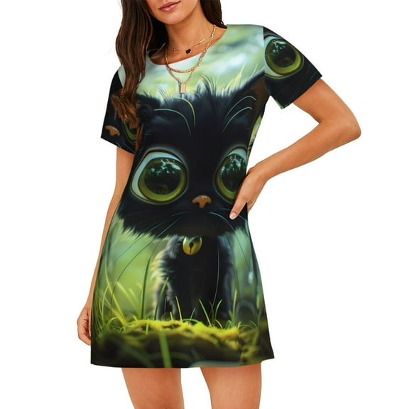 Logiee Cute Big-Eyed Black Cat Print Nightgowns for Women,Soft Short-Sleeved Lightweight Sleepwear, Loose Sleepshirts