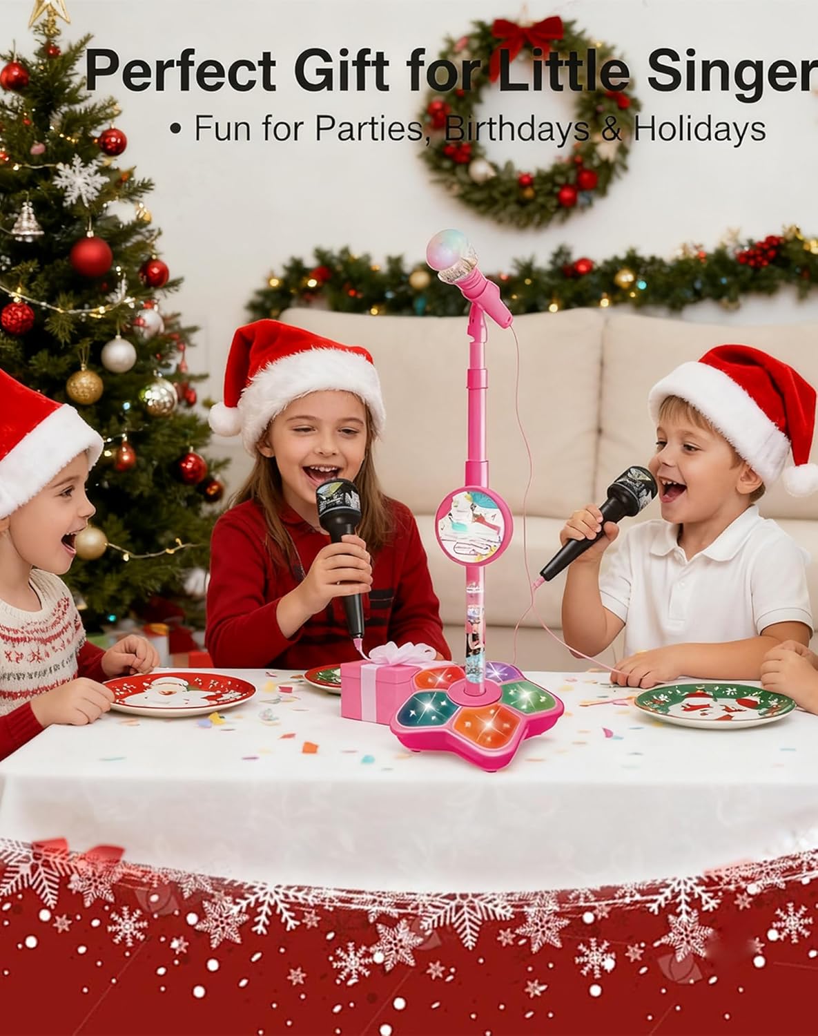 The All-in-One Microphone Toy, Kids Karaoke Machine with Adjustable Stand, Built-in Music, Colorful Lights, Echo Effects, Karaoke Microphone for Kids, Christmas Birthday Gift for Girls Boys (Black)