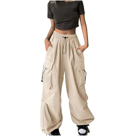 Pcksrro Cargo Pants for Women With Pockets Baggy Wide Leg Pants Drawstring Elastic High Waisted Work Pants Trouser