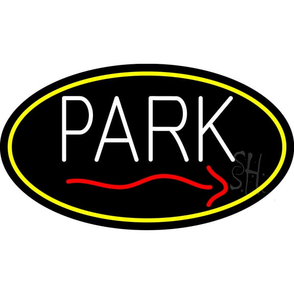 Park And Arrow Oval With Yellow Border LED Neon Sign 13 x 24 - inches, Clear Edge Cut Acrylic Backing, with Dimmer - Bright and Premium built indoor LED Neon Sign for Bar decor.