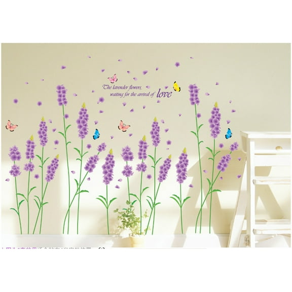 Stunning Beautiful Blooming Purple Lavenders Wall Decal Sticker DIY PVC Removable Transparent Film Self-Adhesive Mural Art for Living Room, Bedroom, Kids Room, Nursery, TV, and Sofa Background Decor