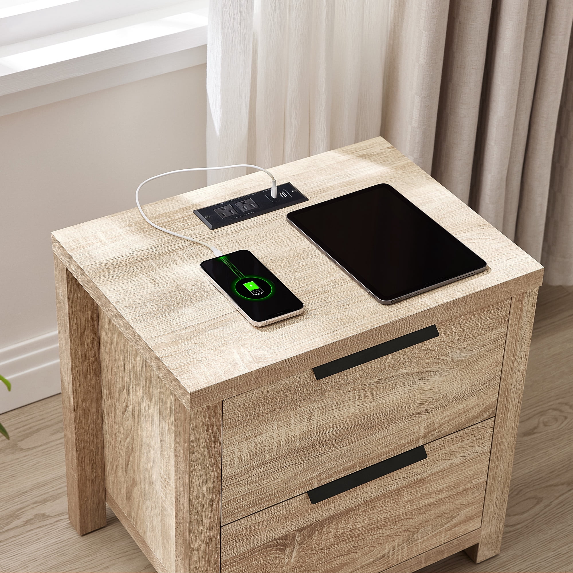 Spruce & Spring Farmhouse Nightstand with 2 Drawers, USB & Type-C Port and Power Outlets