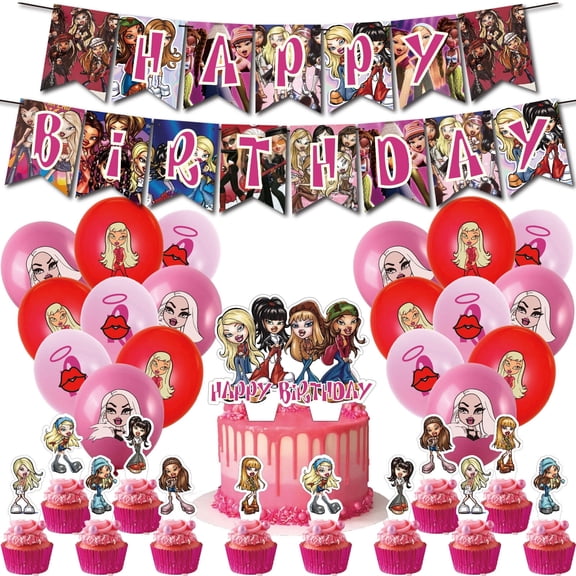 32 PCS For Bratz Cartoon Themed Party Decorations and Favors Set – Banner, 18 Balloons and 13 Cupcake Toppers for Celebration Birthday Parties Supplies