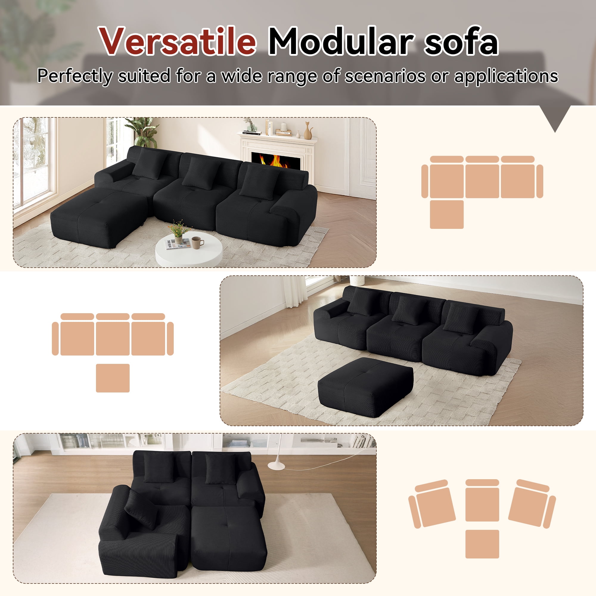 Muumblus 113" L-Shaped Modular Sectional Sofa, Oversized Corduroy Cloud Couch for Living Room, Black