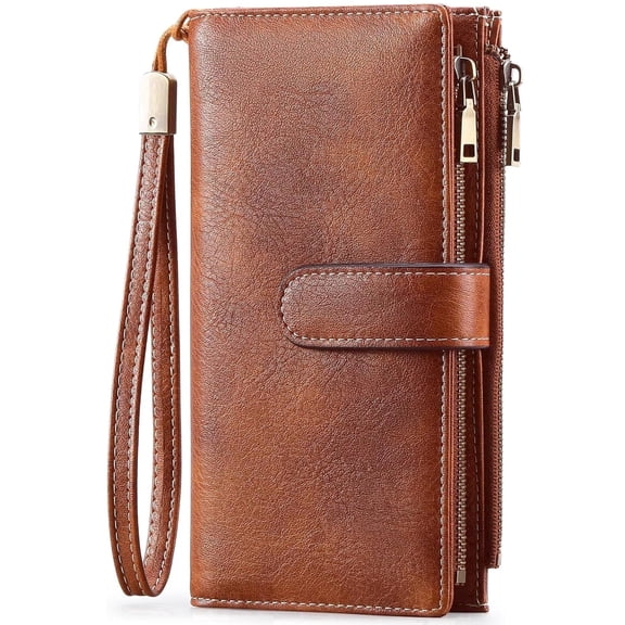 Burufy Womens Wallets Large Capacity Credit Card Holder Rfid Wallet Women Double Zipper Pocket Leather Bifold Ladies Wristlet Clutch Wallet