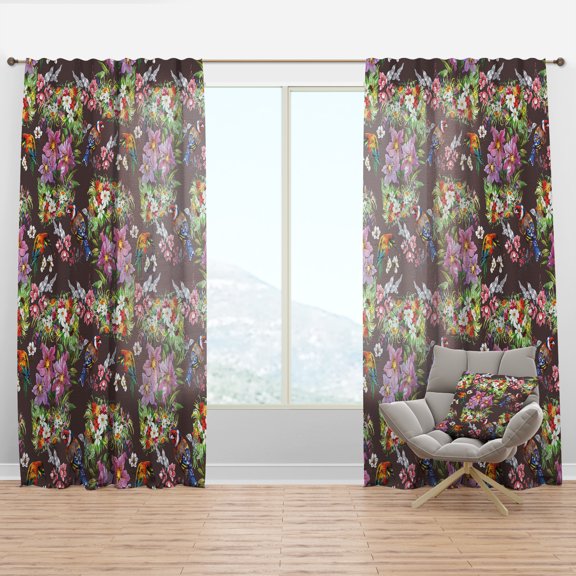 Designart 'Colorful Flowers and Birds' Floral Curtain Panel