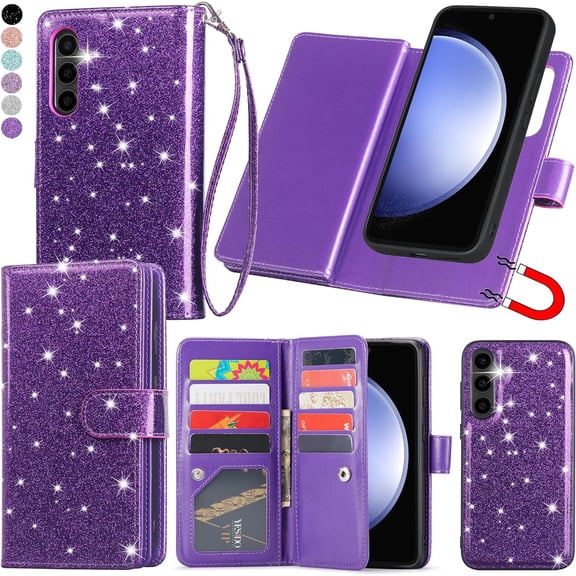 for Samsung Galaxy S23 FE Case, Detachable for Galaxy S23 FE Case Wallet with Card Holder Kickstand Wrist Strap Women Glitter PU Leather Flip Case for Samsung S23 FE, Dark Purple