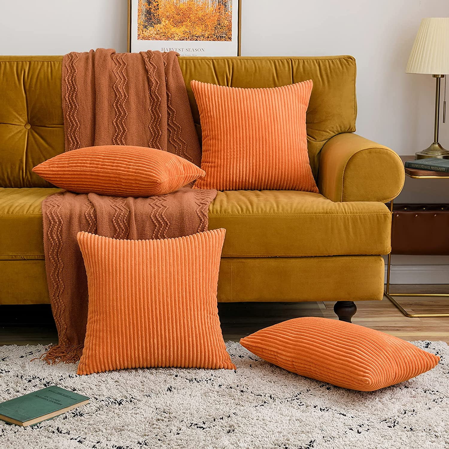 Orange Corduroy Soft Soild Fall Throw Pillow Covers Rust Autumn Square Cozy Soft Solid Decorative Cushion Cases Home Decor for Couch Sofa Bedroom Car 45*45CM