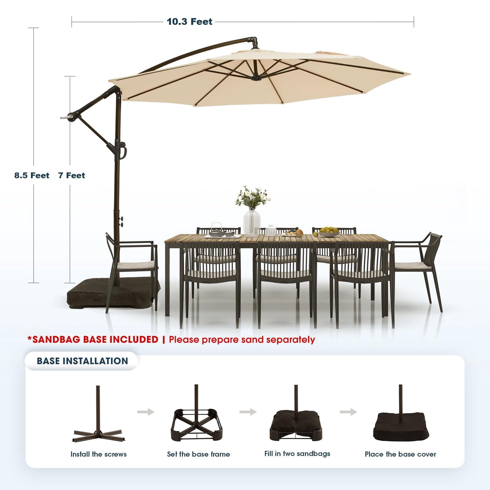 wikiwiki 10ft Patio Umbrella with Base Included, Outdoor Offset Cantilever Umbrella with Sandbag Base for Backyard, Garden and Pool, Easy to Tilt and Crank, Beige