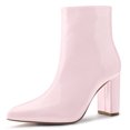 thumbnail image 1 of Unique Bargains Women's Pointed Toe Zipper Patent Leather Ankle Chunky Boots, 1 of 6