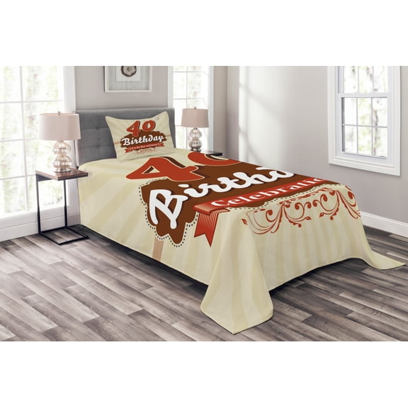 Ambesonne 40th Birthday Quilted Bedspread Set 2 Pcs, Vintage Retro Dots, Twin Size, Orange Ivory Cinnamon