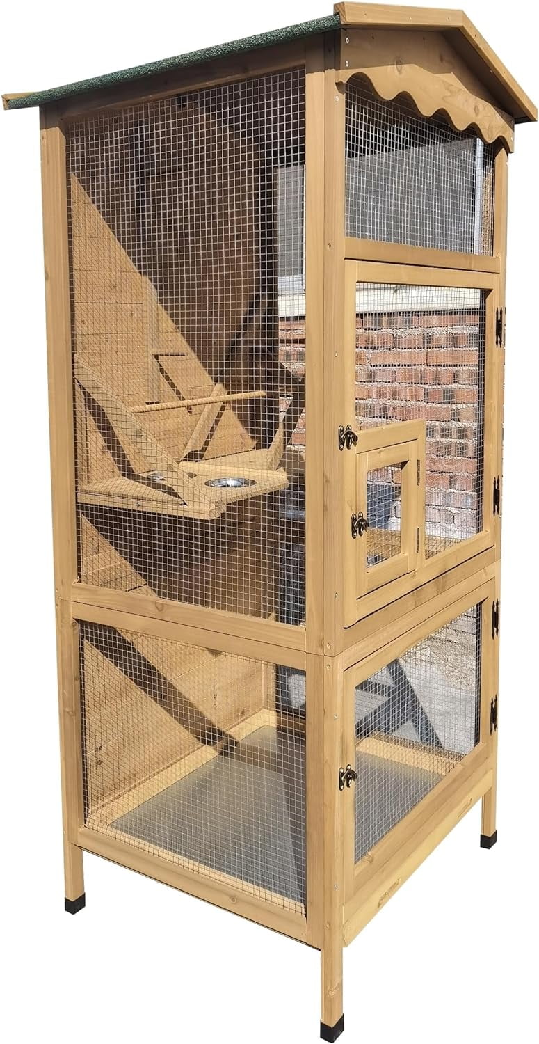 New 70” Large Outdoor Bird Aviary Weatherproof Wooden Indoor Bird Cage Easy Pull Out Clean Tray Asphalt Roof for Finches Doves Parrots Parakeets Canaries Cockatoos Lovebirds Pigeons