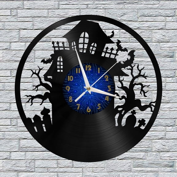 Haunted House Decoration Vinyl Wall Clock, Vinyl Record Clock Wall Art Silent & Non-ticking(12 inchs B)