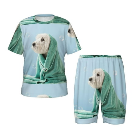 Sikiie Dog Wrapped in Towel Print Children s Short-sleeved Pajamas Set  Round Neck Top with Elastic Waist and Shorts  Two-piece Set  Suitable for Pajamas and Home Clothes-3X-Large