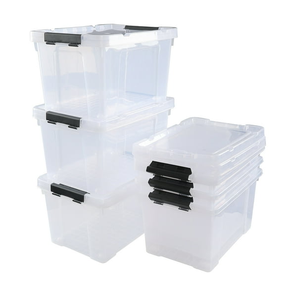 Sandmovie 22 Quart Clear Storage Box with Wheels, Plastic Latching Bins with Lids, 6 Pack
