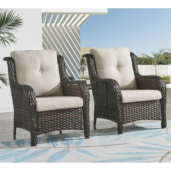 PARKWELL Outdoor Wicker Patio Chairs Set of 2,Lounge Chairs with Cushions for Porch Balcony Backyard Apartment,Brown Wicker and Beige Cushions