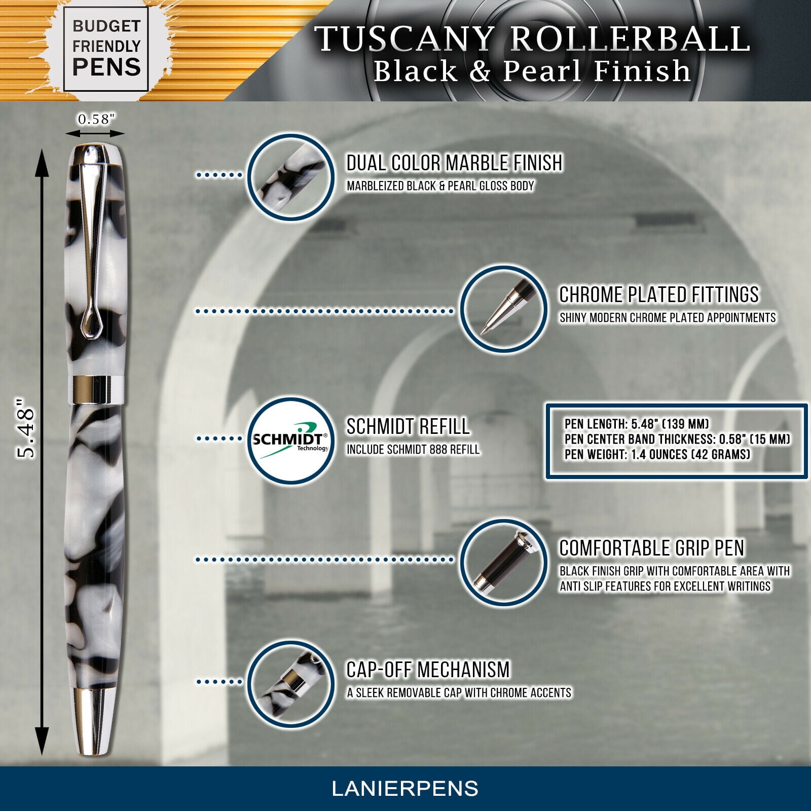 Tuscany Rollerball Pen - Black & Pearl Marbleized Gloss Body (Black Ink, Medium Tip 0.7 MM)